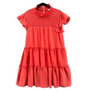 Bleecker 126 Smocked Tiered Dress Salmon Pink Short Sleeve Ruffle Pleated Sz 16